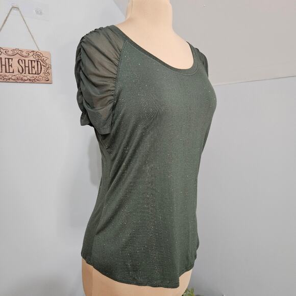 New Jennifer Lopez Metallic Green Women's Top Ruched Mesh Sleeve Large Tee - Picture 3 of 16